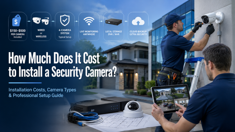 Technician installing an outdoor security camera at a modern home while another technician configures the surveillance system.