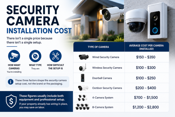 Security camera installation cost infographic showing average prices by camera type and system size with a home security setup.
