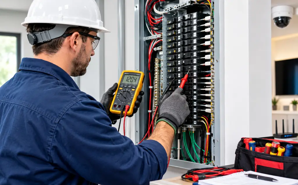 Electrician testing an electrical panel with a multimeter to verify voltage, circuits, and safety before completing repairs.