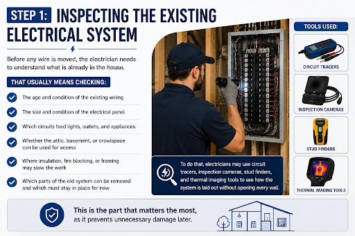 Electrician inspecting existing electrical system and breaker panel with diagnostic tools. 