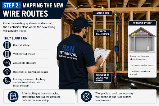 Electrician mapping new wire routes through attic, wall chases, and crawlspace to minimize wall openings. 
