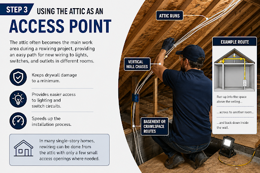 Electrician rewiring a house through the attic to minimize drywall damage
