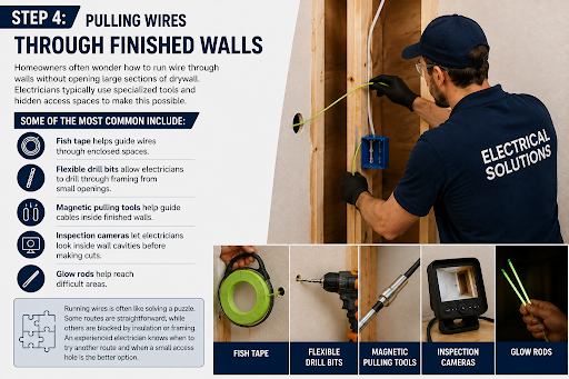Electrician pulling wires through finished walls using specialized tools. 

