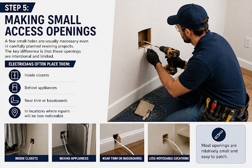 Electrician making small access openings for home rewiring. 
