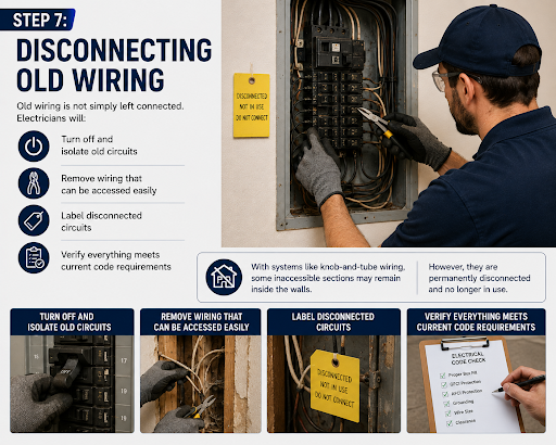 Electrician disconnecting old wiring and labeling circuits for code compliance. 
