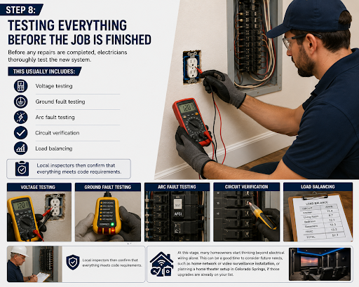Electrician testing electrical system for voltage, faults, circuits, and load balance. 
