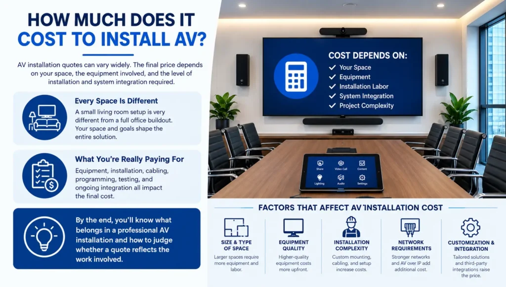 Professional AV installation cost infographic showing factors that affect pricing, including space size, equipment quality, installation complexity, network requirements, and customization and integration.