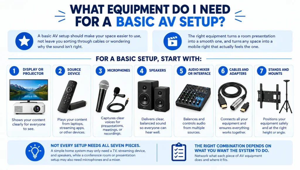 Basic AV setup infographic showing seven essential equipment components, including a display or projector, source device, microphones, speakers, audio mixer, cables and adapters, and stands or mounts.