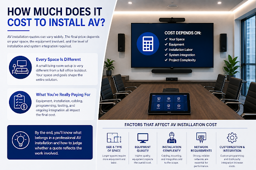 Commercial AV installation cost infographic showing key pricing factors, including space size, equipment, installation complexity, networking, customization, and system integration.