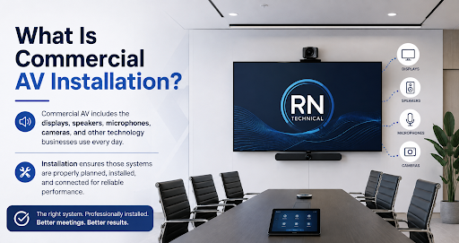 Commercial AV installation in a modern conference room with displays, speakers, microphones, cameras, and professionally integrated AV equipment.