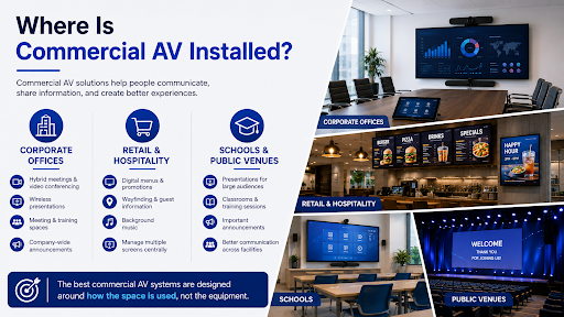 Commercial AV installation infographic showing key applications in corporate offices, retail and hospitality, schools, and public venues.