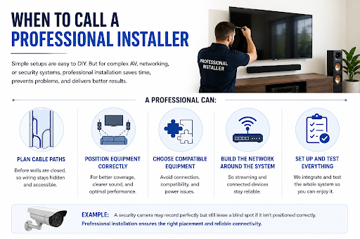 Professional AV installation infographic highlighting cable planning, equipment positioning, compatible devices, network integration, and system testing.
