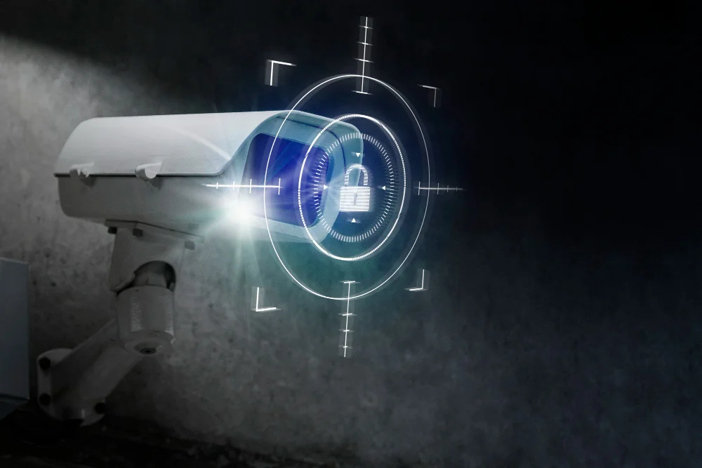 Technician installing a surveillance security camera system